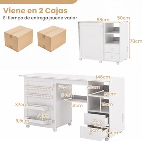 Mesa de Costura Dobrável, 88 x 50 x 78 cm, Estação de Carregamento Integrada, Branco
