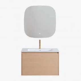 Conjunto De Móvel De Casa De Banho Suspenso 80x50 Cm Em Madeira Com Lavatório Integrado Jacob Madeira Natural & Quadrado Led - Sklum