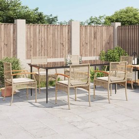 7 pcs conjunto de jantar p/ jardim com almofadões vime PE bege