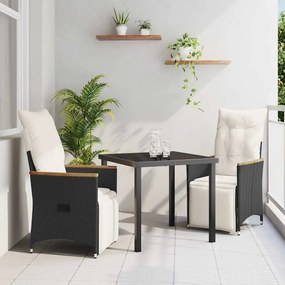 vidaXL Conjunto de Jantar para Jardim com 3 Peças e Almofadas Pretas de Poly Rattan