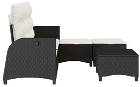 3pcs conjunto sofás de jardim com almofadões em L vime PE preto