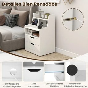 Mesa de cabeceira LED com estação de carregamento com 2 gavetas e prateleira aberta 45 x 35 x 72,5 cm Branca