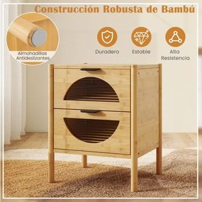 Mesa de cabeceira moderna 45 x 40 x 56 cm em bambu com 2 gavetas e frentes em vidro temperado estriado para sala de estar ou quarto Natural