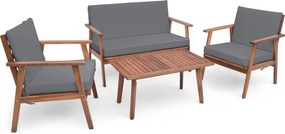 Conjunto de móveis de jardim de 4 peças em madeira de acácia com 1 mesa de centro, 2 cadeiras e 1 sofá para pátio, terraço ou varanda, cinza