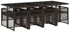 9 pcs conjunto jantar p/ jardim c/ almofadões vime PE castanho