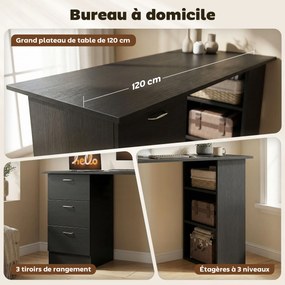 Secretária para computador com 3 gavetas e 3 prateleiras abertas, 120 x 49 x 72 cm, secretária com arrumação reversível, estilo moderno, secretária pa