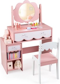 Conjunto de Toucador Infantil e Cadeira, 80 x 40 x 112 cm, Amplo Espaço de Arrumação, Cor-de-rosa