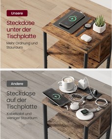 Mesa de cabeçeira ou de apoio com 2 tomadas eléctricas e 2 portas USB 30 x 34 x 58 cm Castanho Vintage e preta