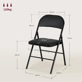 Conjunto de 4 Cadeiras Dobráveis (MESA NÃO INCLUIDA) com Encosto e Estrutura de Aço para Sala de Estar escritório Estúdio 45x46x78 cm Preto