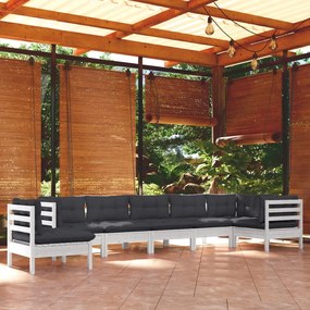 vidaXL 8 pcs conj. lounge de jardim c/ almofadões pinho maciço branco