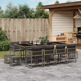 13 pcs conjunto jantar p/ jardim c/ almofadões vime PE cinzento