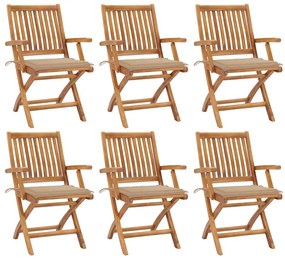 vidaXL Cadeiras de jardim dobráveis c/ almofadões 6 pcs teca maciça