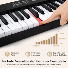 Teclado musical dobrável de 61 teclas, piano eletrónico com fones de ouvido e pedal portátil com bolsa para iniciantes Preto