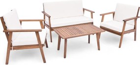 Conjunto de 4 peças: 2 cadeiras simples, 1 sofá de dois lugares e 1 mesa de centro com braços e assento acolchoado branco