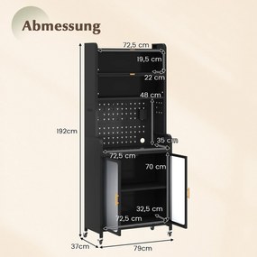 Armário de cozinha de 6 níveis com rodas 79 x 37 x 192 cm, pés fixos, portas transparentes e prateleira ajustável Preto