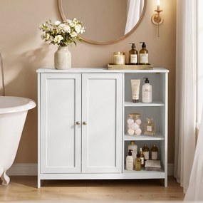 Armário de casa de banho 90 x 30 x 80 cm com 2 portas e compartimentos abertos, Branco