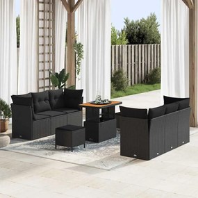 vidaXL Conjunto de sofá de jardim de 9 peças com almofadas , feito de rattan preto e acácia.