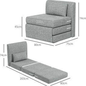 Sofá chão dobrável 3 em 1 com almofada 80L x 75P x 74A cm, convertível, colchão dobrável para hóspedes, sala de estar, escritório, cinzento