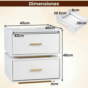 Conjunto de 2 mesas de cabeceira com estação de carregamento LED 45 x 40 x 48 cm, 2 gavetas, arrumação semi-suspensa e base metálica para sala ou quar