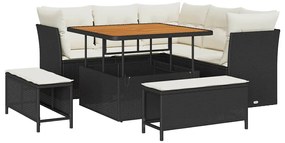 Conjunto de Sofá de Jardim 8 Peças com Almofadas Preto Vime Poliéster