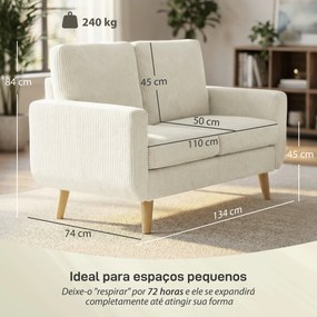 Sofá de 2 Lugares em Veludo 134 cm com Pés de Madeira Encosto Espesso Sofá Moderno para Sala Quarto Creme