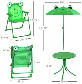 Outsunny Conjunto de Mesa e Cadeira de Jardim Conjunto de Picnic Dobrável para Crianças Conjunto de Mesa com Chapéu de Sol com Altura Ajustável 100-125cm Desenho de Sapo Verde