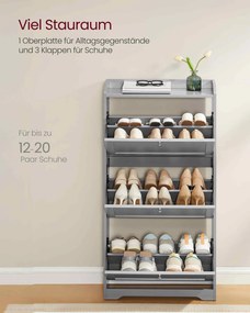 Sapateira com 3 portas, com capacidade para 12 a 20 pares de sapatos 24 x 60 x 121,2 cm, Cinzenta
