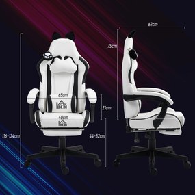 Cadeira Gaming com Orelhas Cadeira Gamer Reclinável com Altura Ajustável e Suporte Lombar 65x62x116-124 cm Branco