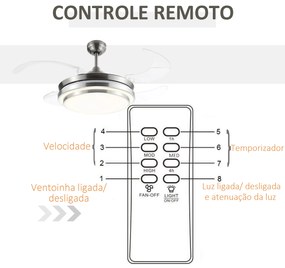HOMCOM Ventoinha de Teto 51W com Luz LED 30W Ajustável 3000/4000/6000K Controle Remoto 3 Velocidades Temporizador 4 Lâminas para Dormitório Sala de Estar Ø106x43 cm Prata