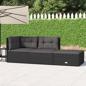 3 pcs conjunto lounge de jardim c/ almofadões vime PE preto