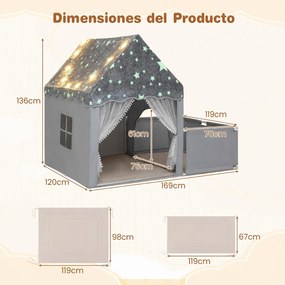 Casa de Jogos Infantil 2 em 1, 169 x 120 x 136 cm, Teto Fluorescente, Cinzento