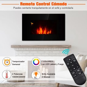 HomCom® Lareira Eléctrica de Parede 1000/2000W Comando a Distância 90x9,5x56 cm