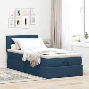 Cama Otomana com Colchão &amp; LEDs Tecido Azul 90x200 cm