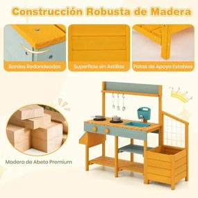 Cozinha de brincar ao ar livre para crianças de madeira 115 x 34,5 x 92 cm com jardineira Pia removível Torneira Fogões Depósito de água amarelo