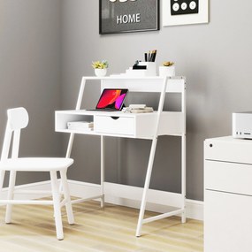 Secretária de escritório 80 x 50 x 100 cm, estilo neo-retro, com gaveta, compartimentos abertos e prateleira metálica, branca