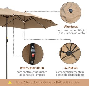 Outsunny Chapéu de Sol Duplo de Jardim com 48 Luzes LED Solar 450x265x240cm Chapéu de Sol de Exterior com Manivela Proteção Solar para Terraço Balcão Piscina Cáqui
