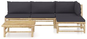 5 pcs conj. lounge jardim em bambu c/ almofadões cinza-escuro