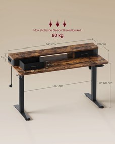 Secretária eléctrica regulável em altura 60 x 140 x (72-120) cm Castanho Vintage