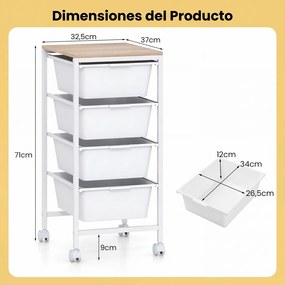 Carrinho Organizador com 4 Gavetas, 32,5 x 37 x 71 cm, Rodas com Travão, Branco