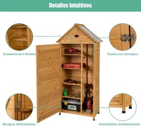 Abrigo de madeira com 5 prateleiras e 2 portas com fechadura e teto impermeável para jardim ou varanda 70 x 45 x 160 cm cor natural