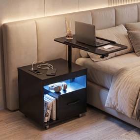 Conjunto de 2 Mesas de Cabeceira Ajustáveis, 60 x 40 x 74 cm, Luz LED Integrada, Preto