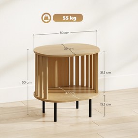 Mesa auxiliar oval 50x39x50 cm para colocar ao pé do sofá, com arrumação aberta, pés em aço com design em ripas, efeito de madeira natural