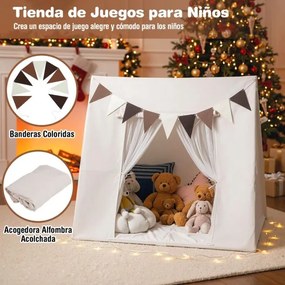 Tenda infantil 120x120x105cm com tapete lavável e bandeiras coloridas para canto de leitura para crianças a partir de 3 anos bege