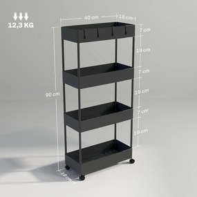 Carrinho Auxiliar com Rodas Carrinho de Armazenamento com 4 Cestas e 4 Ganchos Amovíveis 40x19x90 cm Preto