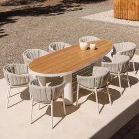Conjunto De Mesa Oval Taneli, 260x110 Cm, Feito De Alumínio E Madeira De Teca, E 8 Cadeiras De Jardim, Feitas De Alumínio E Teci Madeira De Teca -