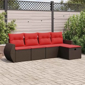 5 pcs conjunto sofás p/ jardim c/ almofadões vime PE castanho