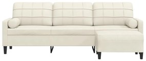 Sofá de 3 lugares com apoio de pés 210 cm veludo cor creme