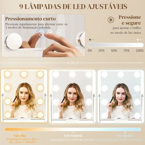 Espelho de Maquilhagem com Luz 9 Lâmpadas LED 3 Cores Interruptor Tátil Suporte para Telemóvel Branco