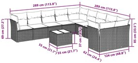 11 pcs conjunto sofás de jardim c/ almofadões vime PE cinzento