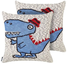 Conjunto de 2 almofadas decorativas com motivo de dinossauro en algodão creme e azul 45 x 45 cm GAMBIR Beliani